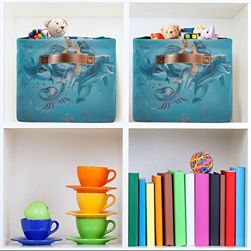 Gougeta Foldable Storage Basket with Handle, Nautical Ocean Mermaid and Dolphin Rectangular Canvas Organizer Bins for Home Office Closet Clothes Toys 2 Pack