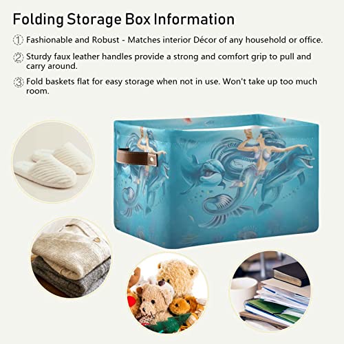 Gougeta Foldable Storage Basket with Handle, Nautical Ocean Mermaid and Dolphin Rectangular Canvas Organizer Bins for Home Office Closet Clothes Toys 2 Pack