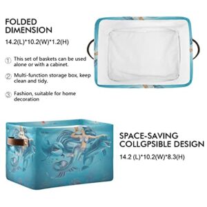 Gougeta Foldable Storage Basket with Handle, Nautical Ocean Mermaid and Dolphin Rectangular Canvas Organizer Bins for Home Office Closet Clothes Toys 2 Pack