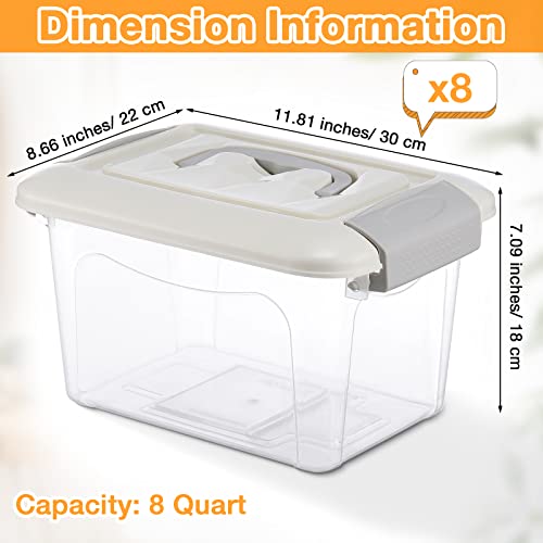 8 Pcs Storage Latch Bin with Lids 8 Qt Clear Plastic Lidded Organizer Bins with Handle Stackable Storage Latching Containers for Home Shelf Office Closet Organize Clothes Toys Snacks Crafts