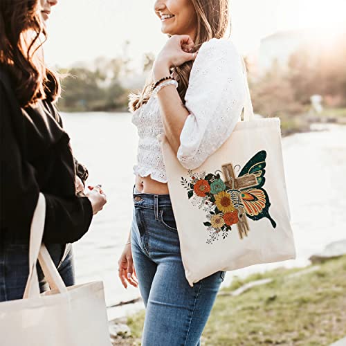 Christian Canvas Tote Bags for Women Flower Butterfly Faith Cross Shoulder Bag Shopping Bag Christian Gift White