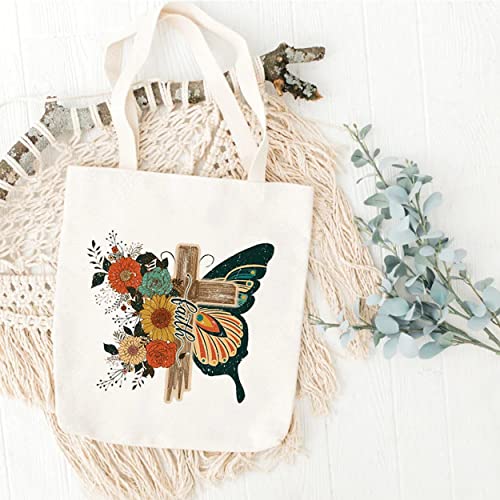 Christian Canvas Tote Bags for Women Flower Butterfly Faith Cross Shoulder Bag Shopping Bag Christian Gift White