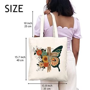 Christian Canvas Tote Bags for Women Flower Butterfly Faith Cross Shoulder Bag Shopping Bag Christian Gift White