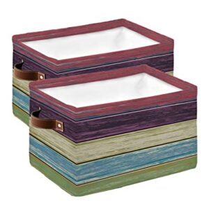 Storage Organizer Bins Set of 2 Storage Baskets for Clothes on Shelves With Handles Vintage Colorful Wood Grain Board Watercolor Wooden Plank Rectangular Fabric Laundry Baskets for Organizing