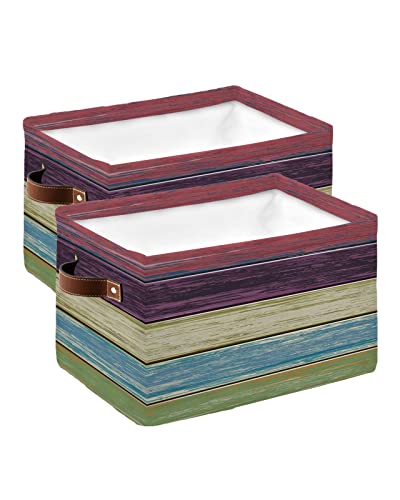 Storage Organizer Bins Set of 2 Storage Baskets for Clothes on Shelves With Handles Vintage Colorful Wood Grain Board Watercolor Wooden Plank Rectangular Fabric Laundry Baskets for Organizing