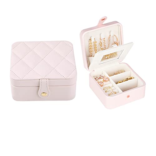 DQUTAR Travel Jewelry Box with Mirror, PU Leather Mini Jewelry Travel Case for Women Girls, Small Portable Jewelry Organizer for Rings Earrings Necklaces Bracelets