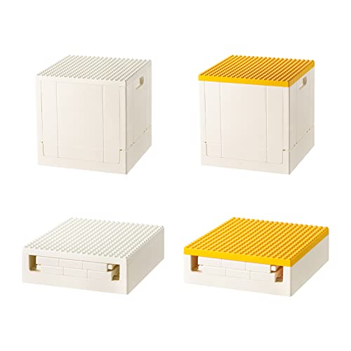 SHIMOYAMA Foldable Duplo Storage Boxes, 2 Pack, 25L Storage Bin with Building Base, 26 Qt. Collapsible Container for Duplo Blocks, White and Yellow