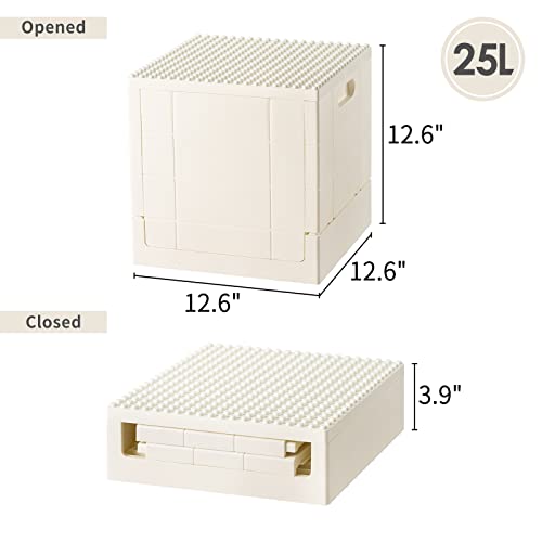 SHIMOYAMA Foldable Duplo Storage Boxes, 2 Pack, 25L Storage Bin with Building Base, 26 Qt. Collapsible Container for Duplo Blocks, White and Yellow