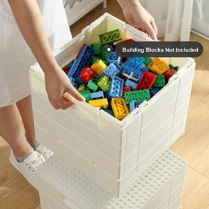 SHIMOYAMA Foldable Duplo Storage Boxes, 2 Pack, 25L Storage Bin with Building Base, 26 Qt. Collapsible Container for Duplo Blocks, White and Yellow