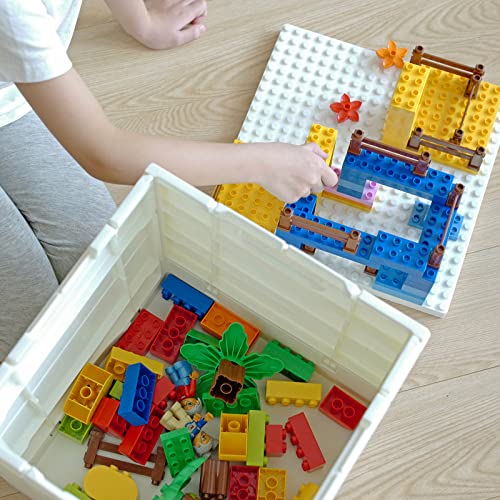 SHIMOYAMA Foldable Duplo Storage Boxes, 2 Pack, 25L Storage Bin with Building Base, 26 Qt. Collapsible Container for Duplo Blocks, White and Yellow