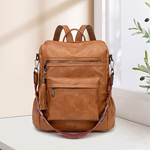 CHERUTY Backpack Purse for Women, Fashion PU Leather Backpack, Designer Backpack Shoulder Bag with Multifunctional Pockets(Tan)