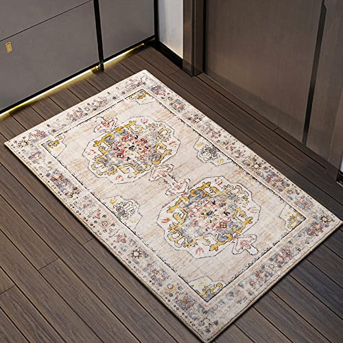 wxnzsl Area Rug 2x3 Washable Rugs Non Slip Vintage Low Pile Rug,Small Boho Accent Entryway Rug for Living Room Bedroom Kitchen Bathroom -Beige