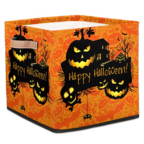 Large Collapsible Storage Bins,Happy Halloween Decorative Canvas Fabric Storage Boxes Organizer with Handles,Cube Square Baskets Bin for Home Shelves Closet Nursery Gifts