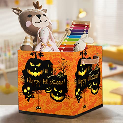 Large Collapsible Storage Bins,Happy Halloween Decorative Canvas Fabric Storage Boxes Organizer with Handles,Cube Square Baskets Bin for Home Shelves Closet Nursery Gifts