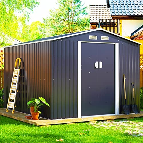 JAXPETY 9.1' x10.5' Outdoor Storage Large Shed, Galvanized Metal Shed for Garden Patio Lawn Backyard, Garden House with Lockable Double Doors and Four Vents, Gray