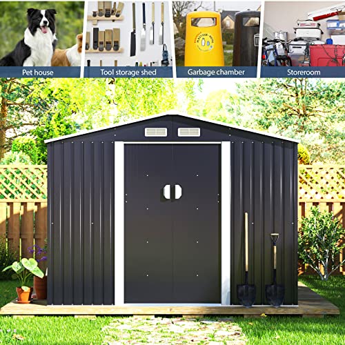 JAXPETY 9.1' x10.5' Outdoor Storage Large Shed, Galvanized Metal Shed for Garden Patio Lawn Backyard, Garden House with Lockable Double Doors and Four Vents, Gray