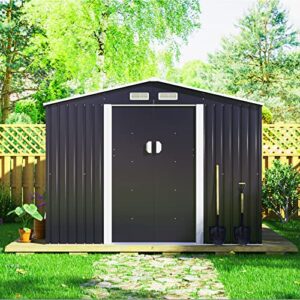 JAXPETY 9.1' x10.5' Outdoor Storage Large Shed, Galvanized Metal Shed for Garden Patio Lawn Backyard, Garden House with Lockable Double Doors and Four Vents, Gray