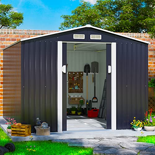 JAXPETY 9.1' x10.5' Outdoor Storage Large Shed, Galvanized Metal Shed for Garden Patio Lawn Backyard, Garden House with Lockable Double Doors and Four Vents, Gray