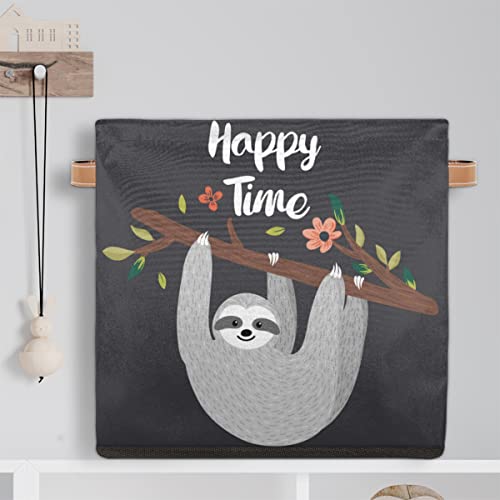 Large Collapsible Storage Bins,Flower Lazy Sloth Decorative Canvas Fabric Storage Boxes Organizer with Handles,Cube Square Baskets Bin for Home Shelves Closet Nursery Gifts