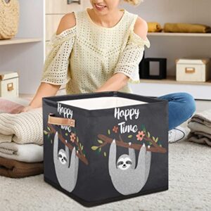 Large Collapsible Storage Bins,Flower Lazy Sloth Decorative Canvas Fabric Storage Boxes Organizer with Handles,Cube Square Baskets Bin for Home Shelves Closet Nursery Gifts