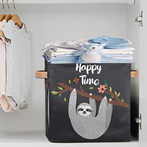 Large Collapsible Storage Bins,Flower Lazy Sloth Decorative Canvas Fabric Storage Boxes Organizer with Handles,Cube Square Baskets Bin for Home Shelves Closet Nursery Gifts