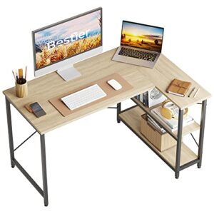 bestier small l shaped desk 47 inch computer corner desk with storage shelf reversible home office writing study table for bedroom small space, light oak