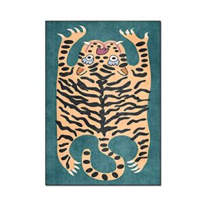 tiger rug for bedroom vintage boho 2×3 ft small area rug washable funky carpet for kids room non-slip abstract cartoon cute bathroom door mats green