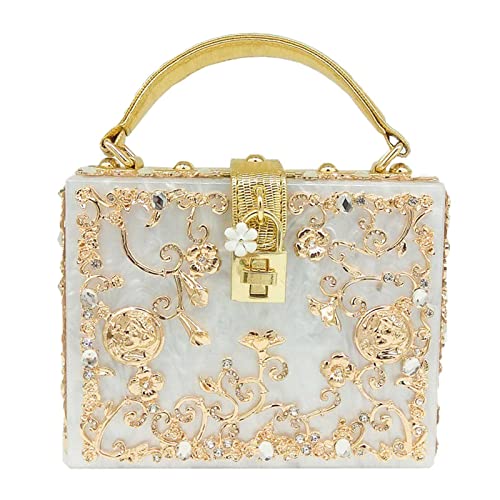 Acrylic Purses and Handbags for Women Flower Ladies Evening Crossbody Shoulder Bag Rhinestones Top-Handle Tote Clutch Box Bag (White)