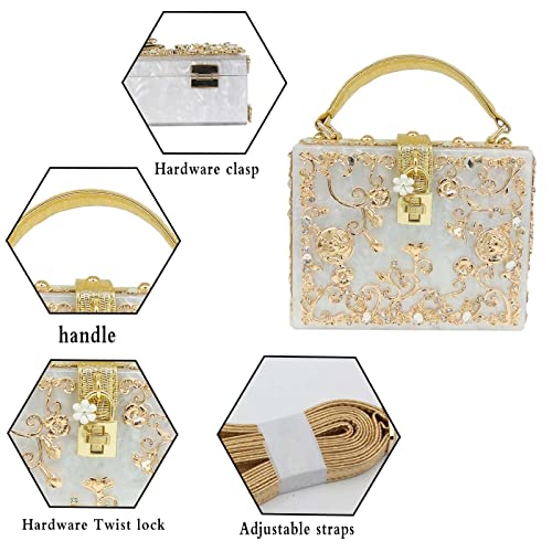 Acrylic Purses and Handbags for Women Flower Ladies Evening Crossbody Shoulder Bag Rhinestones Top-Handle Tote Clutch Box Bag (White)