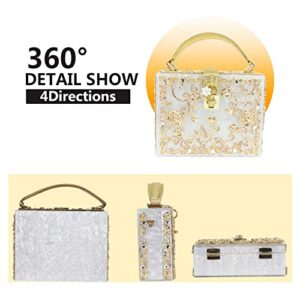 Acrylic Purses and Handbags for Women Flower Ladies Evening Crossbody Shoulder Bag Rhinestones Top-Handle Tote Clutch Box Bag (White)