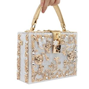 Acrylic Purses and Handbags for Women Flower Ladies Evening Crossbody Shoulder Bag Rhinestones Top-Handle Tote Clutch Box Bag (White)