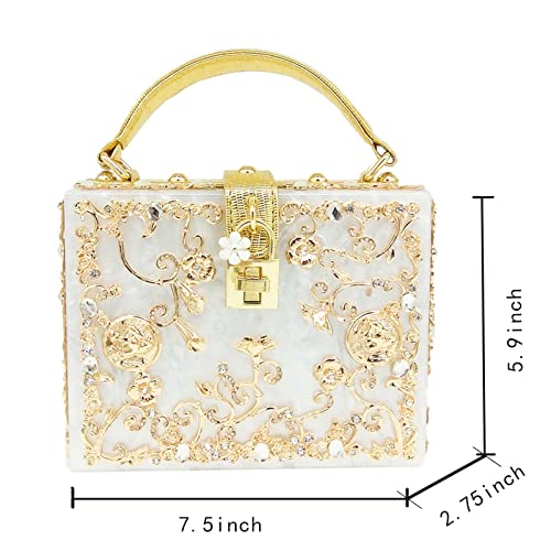 Acrylic Purses and Handbags for Women Flower Ladies Evening Crossbody Shoulder Bag Rhinestones Top-Handle Tote Clutch Box Bag (White)