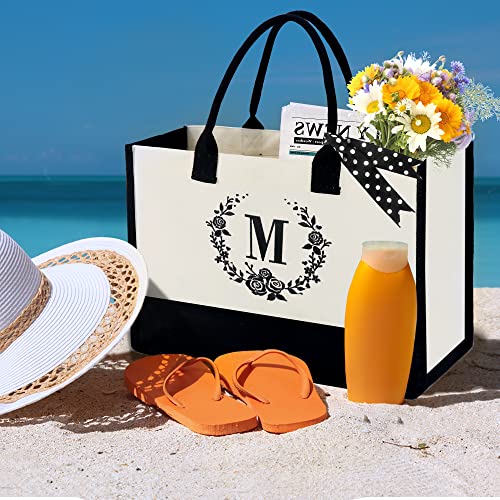 BeeGreen Monogram Tote Bag for Women w Bottom Support Personalized Tote Bag for Women w Embroidery Initial Tote Bag for Women 13oz Canvas Teacher Appreciation Gifts Beach Tote Bag for Women Mom H