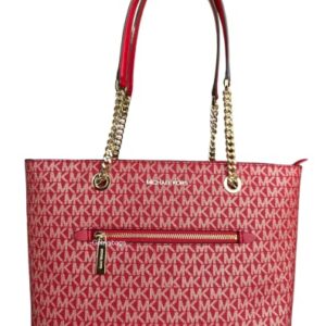 Michael Kors Jet Set Travel Medium Front Pocket Chain Tote Chili Red Gold MK