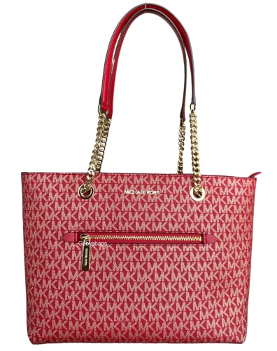 Michael Kors Jet Set Travel Medium Front Pocket Chain Tote Chili Red Gold MK