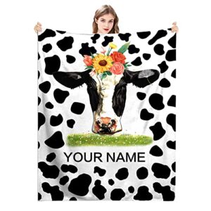 personalized cow print blanket with name，text custom cow blanket soft warm cozy flannel cow print bedding throw blankets for sofa girls boys adults birthday newborn gifts
