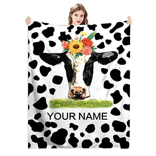 Personalized Cow Print Blanket with Name，Text Custom Cow Blanket Soft Warm Cozy Flannel Cow Print Bedding Throw Blankets for Sofa Girls Boys Adults Birthday Newborn Gifts