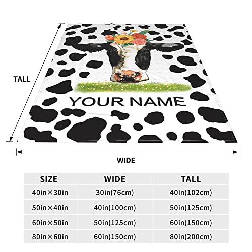 Personalized Cow Print Blanket with Name，Text Custom Cow Blanket Soft Warm Cozy Flannel Cow Print Bedding Throw Blankets for Sofa Girls Boys Adults Birthday Newborn Gifts