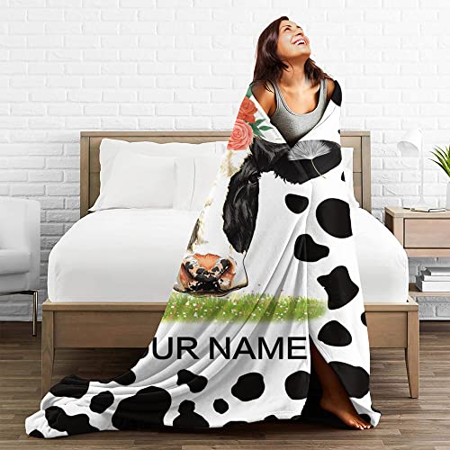 Personalized Cow Print Blanket with Name，Text Custom Cow Blanket Soft Warm Cozy Flannel Cow Print Bedding Throw Blankets for Sofa Girls Boys Adults Birthday Newborn Gifts