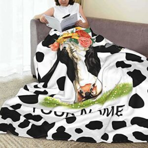 Personalized Cow Print Blanket with Name，Text Custom Cow Blanket Soft Warm Cozy Flannel Cow Print Bedding Throw Blankets for Sofa Girls Boys Adults Birthday Newborn Gifts