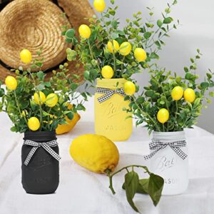Lemon Mason Jars Centerpiece for Table, Wood Tray with 3 Painted Jars, Dining Coffee Table Centerpiece For Kitchen, Living Room, Spring Mason Jar Decor with Lemon