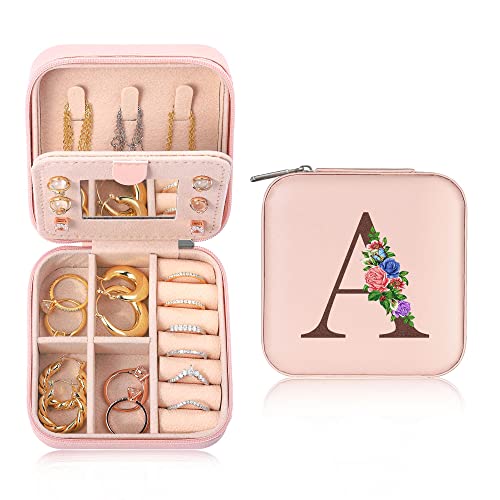 Yesteel Travel Jewelry Case Jewelry Box Jewelry Organizer, Travel Essentials Travel Accessories for Women, Ring Necklace Earring Jewelry Holder Organizer Box with Mirror, Birthday Gifts for Women Mom Grandma Initial A