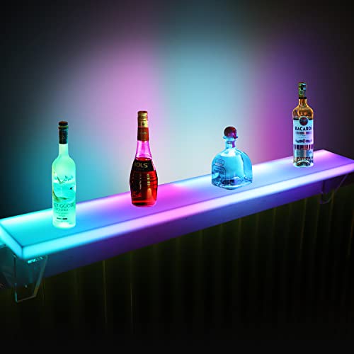 Cimcame Led Lighted Liquor Bottle Display Shelf Set of 2 with Remote&APP Control 32 Inch Floating Wall-Mounted Illuminated Marquee Lighting Shelves for Home Commercial Bar