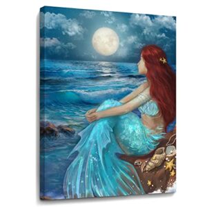 girl wall decorations blue ocean wall art bedroom decor for women moon night wall painting shell canvas prints size 12″x 16″