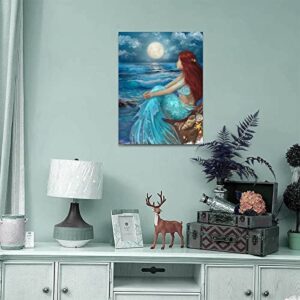 Girl Wall Decorations Blue Ocean Wall Art Bedroom Decor for Women Moon Night Wall Painting Shell Canvas Prints Size 12"x 16"