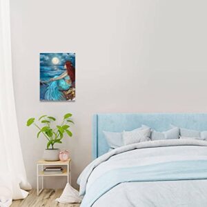 Girl Wall Decorations Blue Ocean Wall Art Bedroom Decor for Women Moon Night Wall Painting Shell Canvas Prints Size 12"x 16"