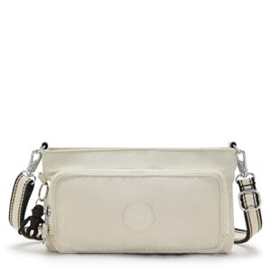 kipling women’s myrte crossbody handbag, convertible metallic purse, nylon clutch and waist bag, light sand