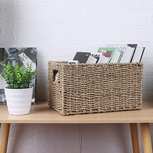 Water Hyacinth Storage Baskets for Organizing, Rectangular Wicker Baskets with Built-in Handles (13 x 8.25 x 7 inches, Natural (Seagrass)A)