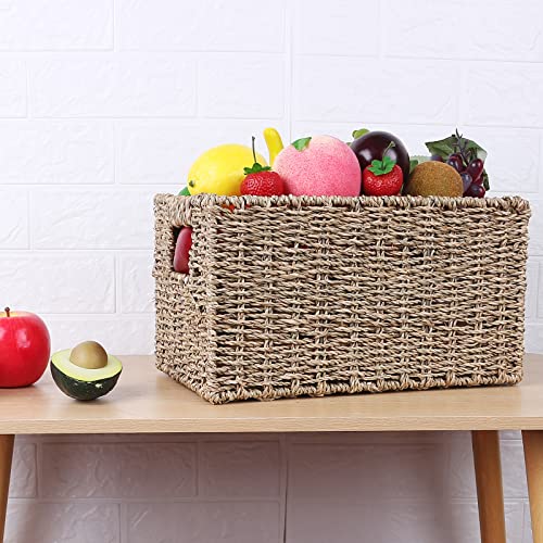 Water Hyacinth Storage Baskets for Organizing, Rectangular Wicker Baskets with Built-in Handles (13 x 8.25 x 7 inches, Natural (Seagrass)A)