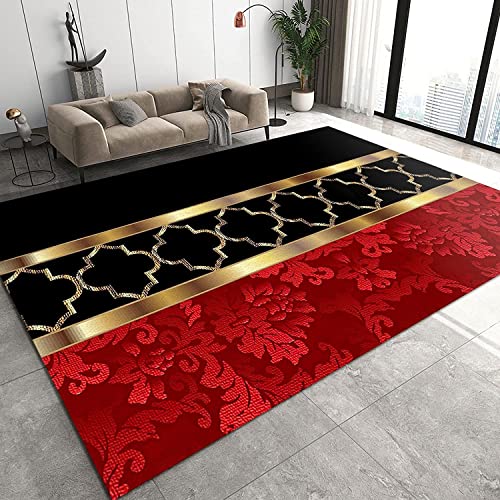 Large Abstract Art Area Rug,5x7ft,Minimalist Modern Red Gold and Black Living Room Decorative Carpet，Suitable for Bedroom Office Study Dining Room Soft and Comfortable Creative Design Carpet Mat